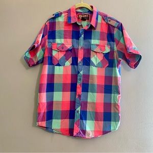 Blac Lacquer Short Sleeve Pink Blue Plaid Button Up Shirt L